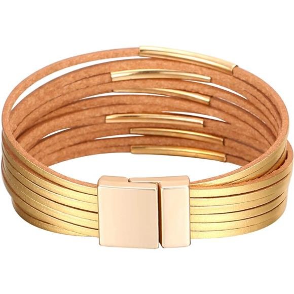 Leather Wrap Bracelets for Women - Boho Leopard Multi-Layer Crystal Beads Cuff - Picture 3 of 4